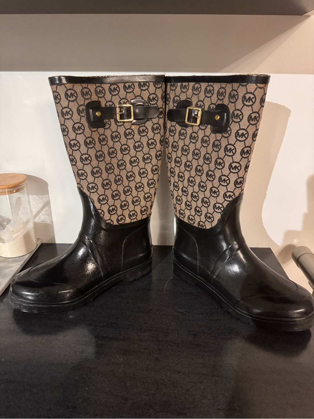 Michael Kors Beige Logo Rain Boots with Black Trim and Gold Buckles